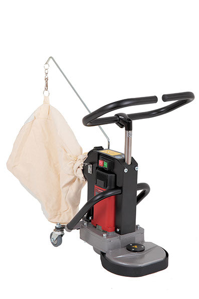 A floor sanding machine with a disc edger, voltage control knob, and a connected dust collection bag.
