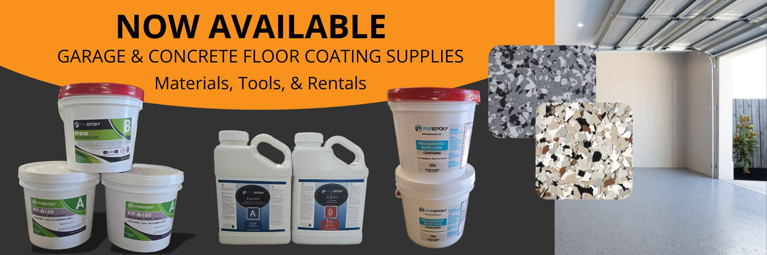 Now Available: Garage and concrete floor coating supplies. Materials, tools, and rentals. Featuring Purepoxy products.
